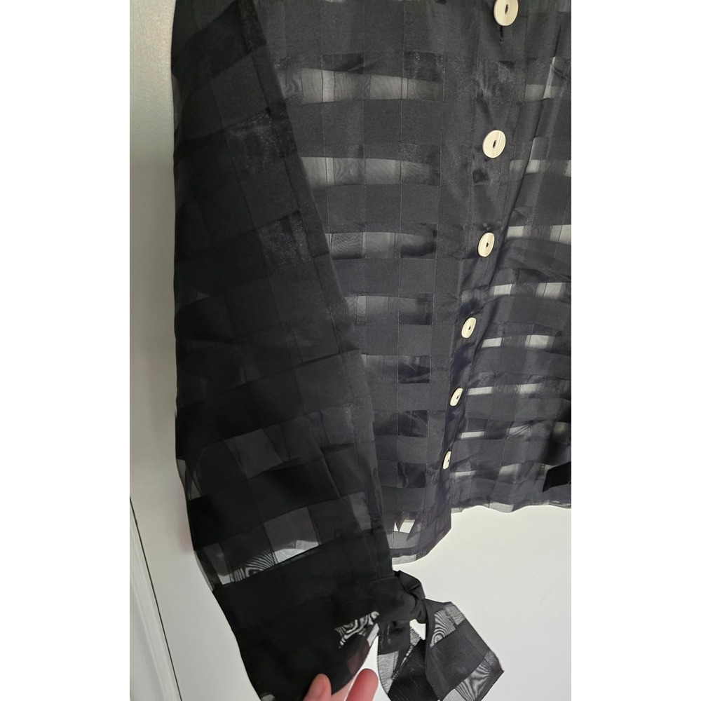 A La Carte Womens XL Black Sheer Striped Button Front Tie Cuff Blouse L10253JM - Picture 4 of 10